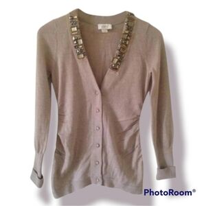 Loft Merino Wool Blend Gauze Hem Jewled Cardigan